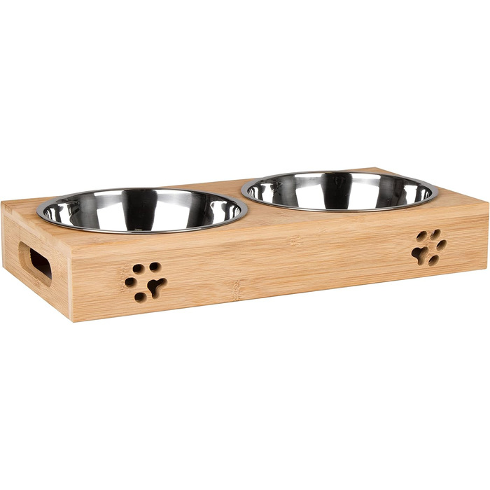 Станція для годування домашніх тварин LAUBLUST - підставка для мисок з бамбука, 2 нержавіючі миски | для собак та котів (38 x 19 x 6 см)