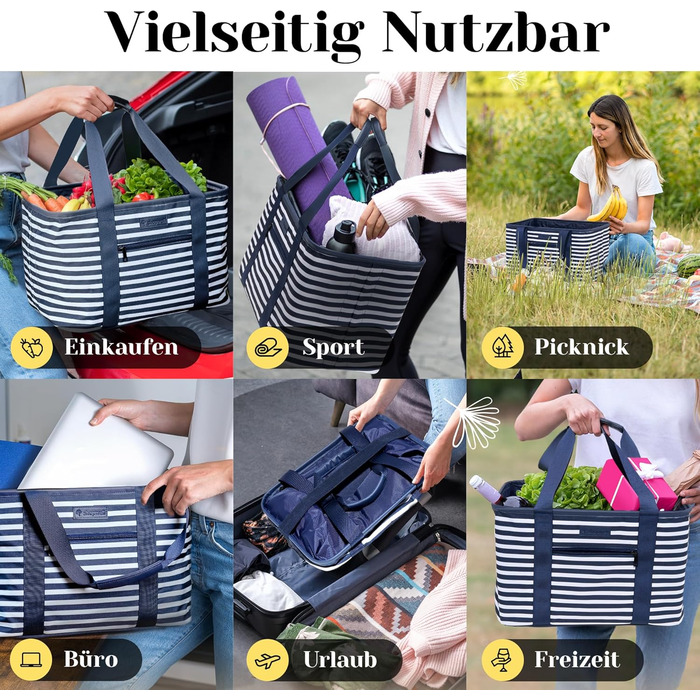 Foldable shopping basket in premium quality | Shopping bag with soft PU leather handle | ideal shopping basket with 30 liter capacity | sturdy & secure shopping bag (Blue/White Striped)