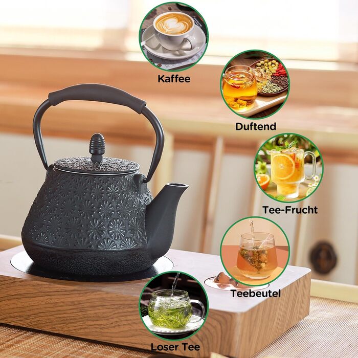 Cast Iron Teapot, 950ml Japanese Cherry Blossom Pattern Teakettle, Stovetop Safe, Infuser for Loose Tea & Coffee, Silicone Handle, Enamelled Interior, 32oz Blue (Black)