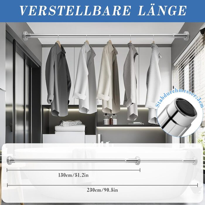 Регульована телескопічна штанга DEWEL для карнизів, душової кабіни, без свердління, 130-230см, срібна