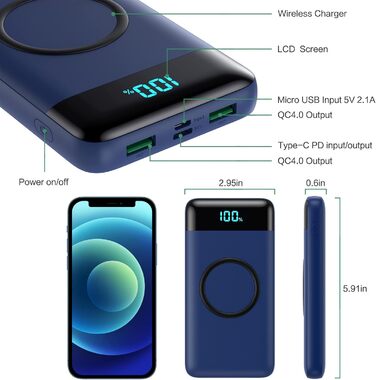 Бездротовий Power Bank 26800mAh 25W PD3.0 + QC4.0, зовнішній акумулятор з LCD-дисплеєм та швидкою зарядкою 15W, 4 USB-порти, для iPhone, Samsung, Huawei, Oppo — Синій