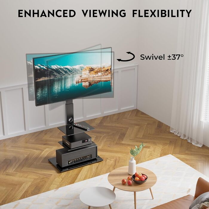 BONTEC TV Stand for 30-70 inch LED OLED LCD Plasma TVs - Adjustable Height, 3-Tier Tempered Glass Shelves, VESA 600x400, 40kg Capacity, Black