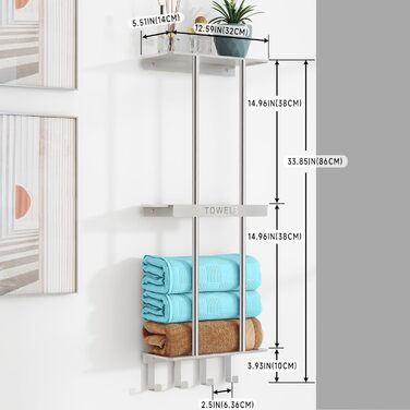 Трирівнева підставка для рушників з металевою полицею та 4 гачками, 86 см, срібна | Підставка для рушників для ванної кімнати