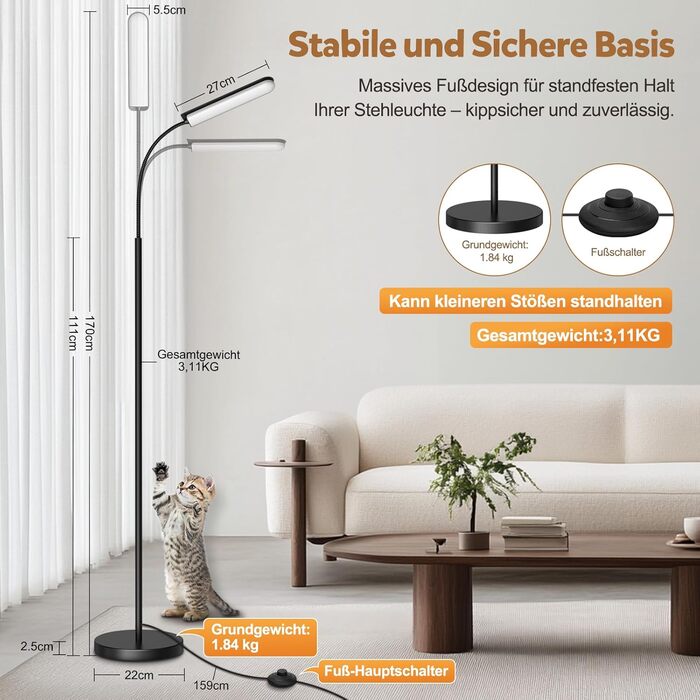 LED-лампа Handsonic на ніжці, 18W, 1650LM, чорна, з регулюванням яскравості, 360° гнучкий шийка, диммер, пульт дистанційного керування, ретро-дизайн, для вітальні та читання