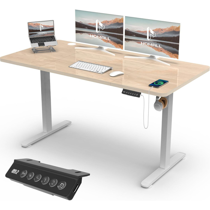 Регульований стіл Homall 140x60 см з USB-роз'ємом, комп'ютерний стіл для дому та офісу, ергономічний (білий)