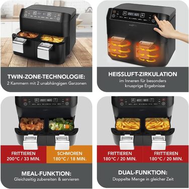 MAXXMEE аерофритюрниця з двома кошиками 7,6 л, цифрова, 2400 Вт, 6 програм, одночасне приготування двох страв