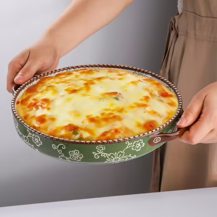 AVLA 2-Piece Ceramic Cake Pans, 9-inch, Round Baking Dish with Double Handles, 27.3 oz, Deep Quiche Dish for Kitchen, Cooking, Roasting Lasagna (Sakura, Green) Sakura, Vert