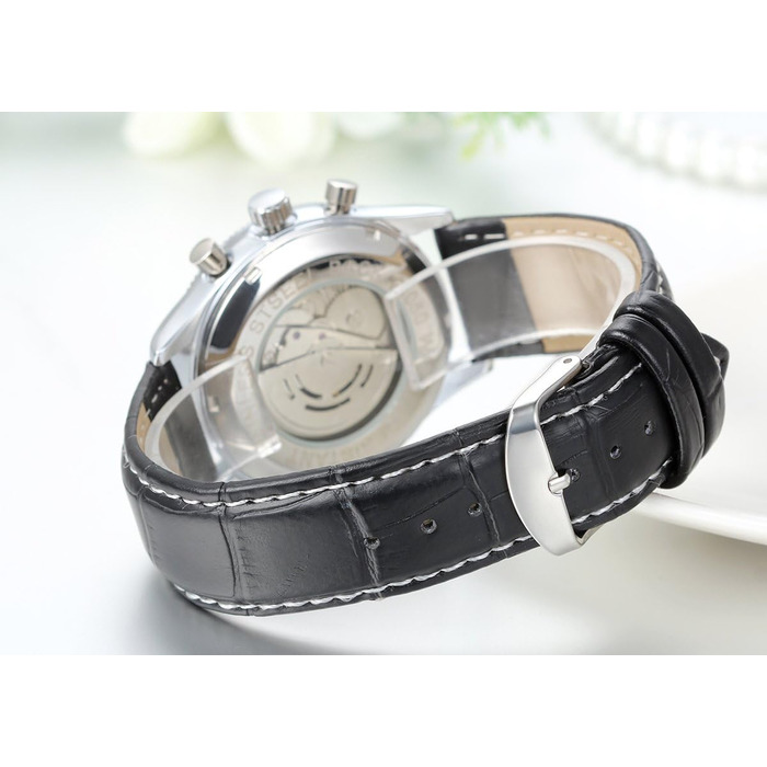 Чоловічий годинник JewelryWe, механічний з автопідзаводом, стильний бізнес, прозорий Steampunk з браслетом з нержавіючої сталі, золотий, блакитний, циферблат з римськими цифрами (чорний ремінець #3)