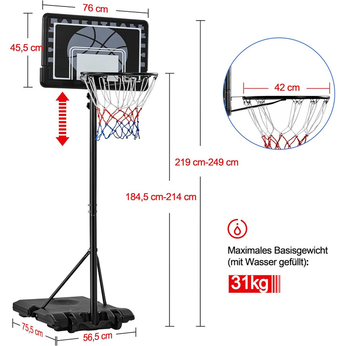 Yaheetech Adjustable Height Basketball Stand with Wheels - Portable Basketball System with Fillable Base - Indoor/Outdoor Basketball Hoop (249cm)
