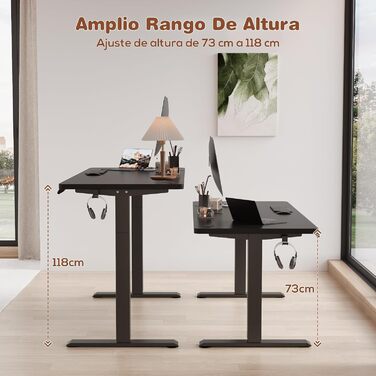 Devoko Adjustable Height Desk - Electric Standing Desk with Memory Function, 73-118cm Height, Collision Detection, Black, 140x60cm