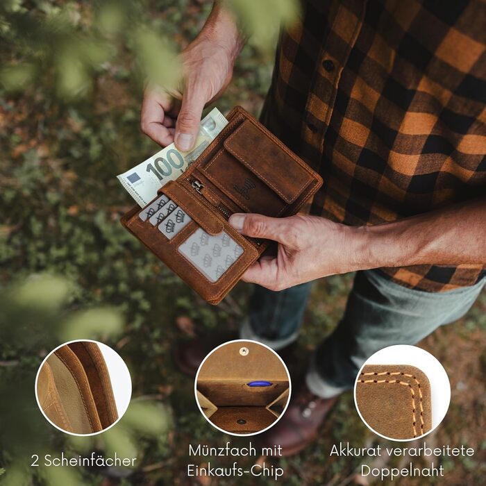 Baur Men's Wallet | Genuine Buffalo Leather | Wallet with RFID Protection | Tall/Vertical Wallet | Money Bag with Coin Pocket | Wallet with Many Card Slots (Tall/Vertical with Snap Button Inside)