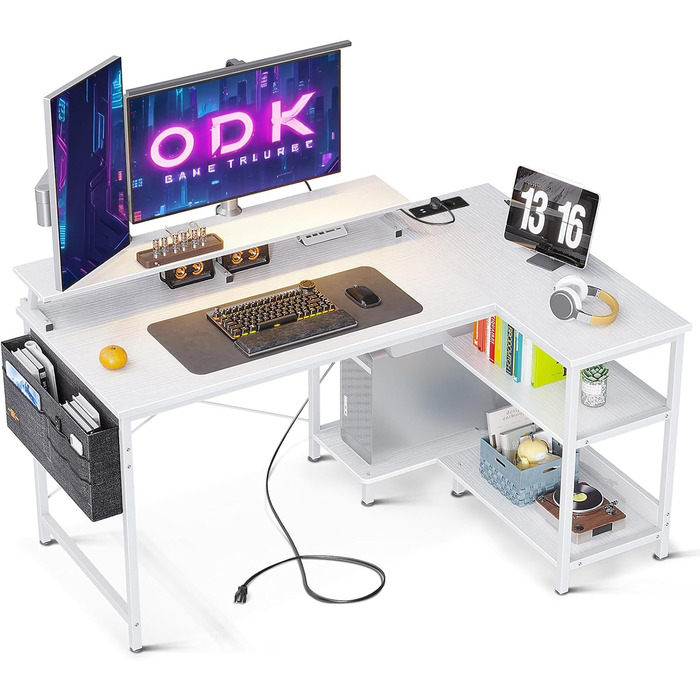 Ігровий стіл L-подібний ODK, 120x80 см з полицею, білий, з USB та розеткою