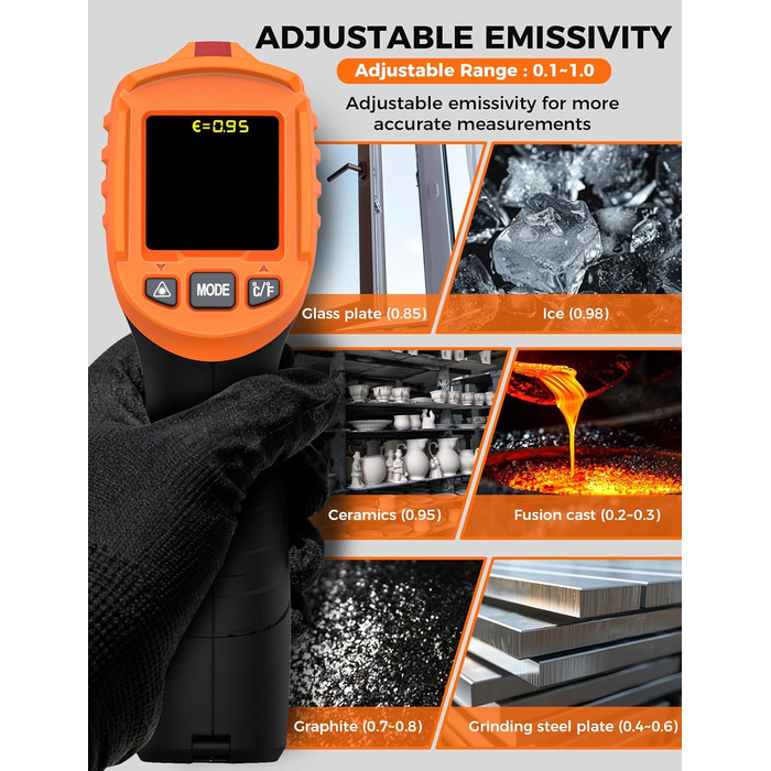 Інфрачервоний термометр лазерний IM06MAX з K-типом зонда (-50°C до 800°C) для промисловості, HVAC, приготування їжі та ремонту авто