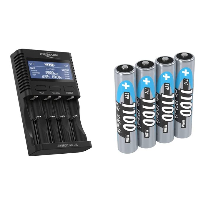 Зарядний пристрій ANSMANN для NiMH/Li-Ion акумуляторів AAA, AA, C, D (10340-26650) з USB, 4 програми + 4xAAA акумулятор