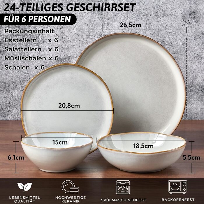 Сервіз Joyfair на 6 осіб, 24 предмети, кераміка, тарілки для їжі, десертні тарілки, миски для каші, сумісний з мікрохвильовою піччю та посудомийною машиною, колір: реактивне мушлеве біле