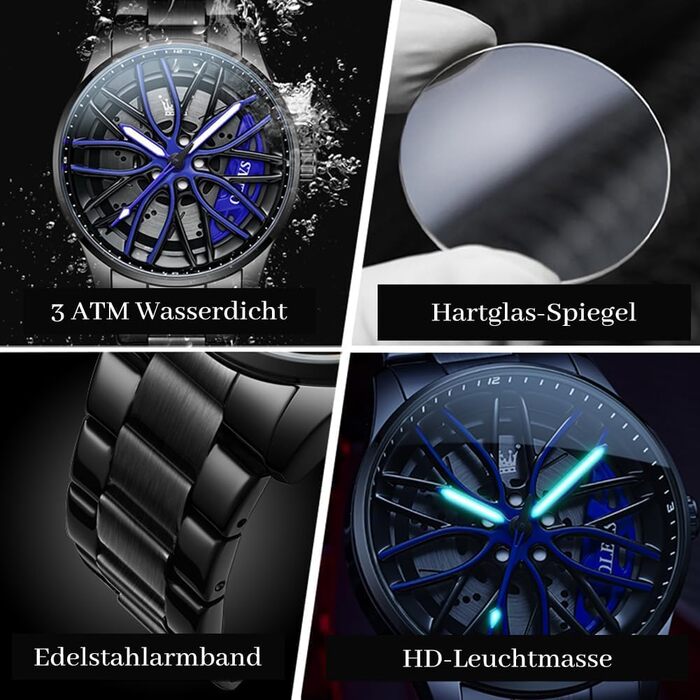 Чоловічий годинник OLEVS Quartz (9937 Blau) — Спортивний сталевий годинник з дизайном автоколеса, водонепроникний, з підсвічуванням циферблата