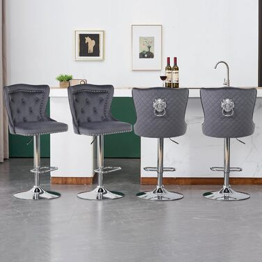 KHISCHMO Set of 4 Velvet Bar Stools - Modern Kitchen Counter Stools with Lion Paw Pulls - Adjustable Height, 360° Swivel - Black (Gray)