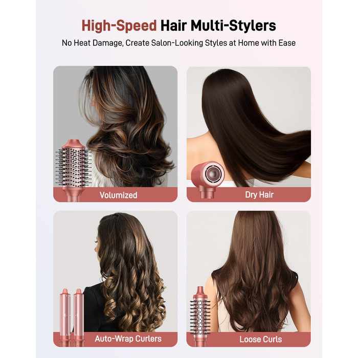HITTIONA Airstyler 5 в 1: фен, плойка для локонів Auto-Wrap, іонізація, швидка сушка, захист від тепла, для створення локонів та шовковистого волосся, з чохлом, колір - полуниця