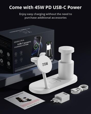 GEEKERA 25W Бездротова зарядка 4-в-1 MagSafe для iPhone 17/16/15/14/13/12, Apple Watch, AirPods + Блок живлення 45W (білий)
