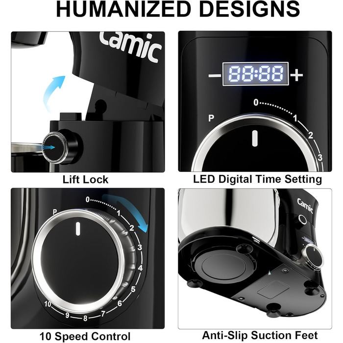 Кухонний комбайн-міксер Camic з LED-дисплеєм, 10 швидкостей, 3 насадки (вінчик, міксер, гак) та 2 чашами з нержавіючої сталі 4л і 5л для тіста, хліба та тортів, чорний