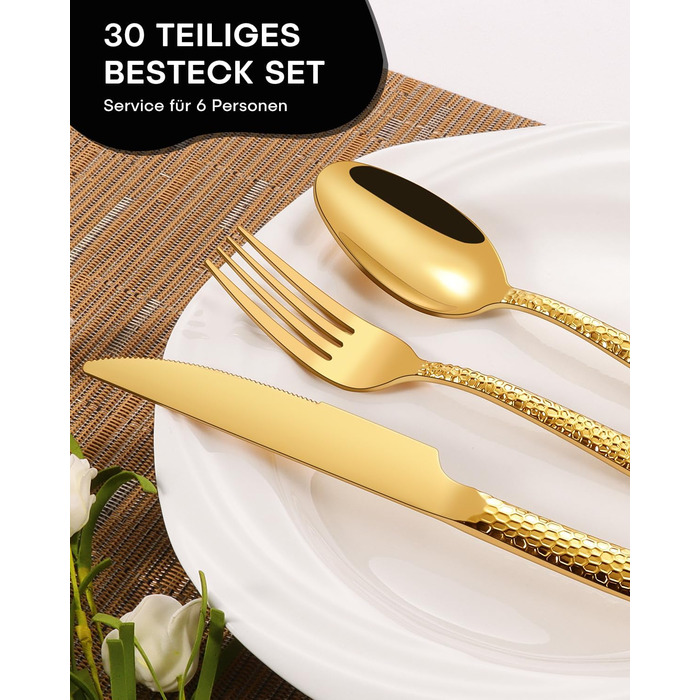 Набір столових приборів Honkku для 6 осіб, чорний, з товстого нержавіючого сталі, з рифленими ручками (30 предметів)