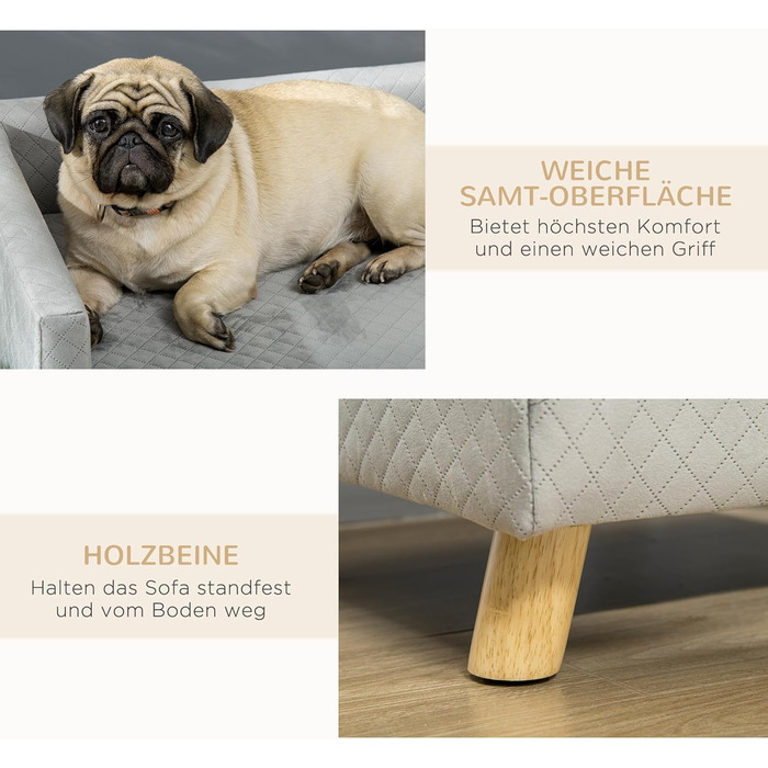 Диван для собак PawHut з дерев'яними ніжками, лежанка для домашніх тварин, м'яка подушка для собак, підходить для маленьких собак до 8 кг, сірий, 64 x 45 x 36 см