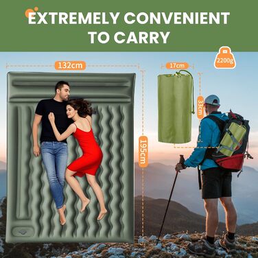 Airminti Self-Inflating Camping Mat - 12cm Thick, Lightweight Air Mattress with Foot Pump & Pillow - Outdoor Sleeping Pad for Camping, Trekking, Beach & Festival - Compact, Army Green (2 Person)