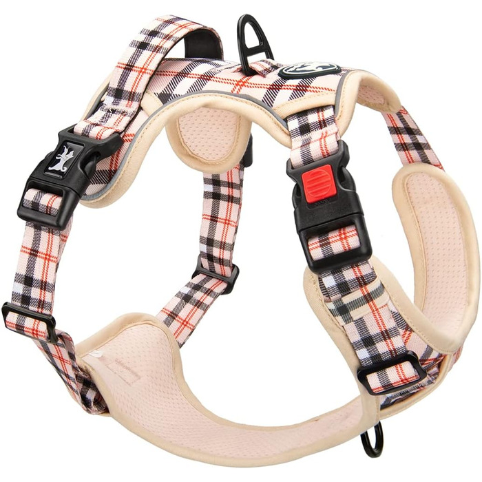 Нашийник для собак PoyPet без натягу, світловідбиваючий, м'який, з легким доступом, для маленьких собак (S, в клітинку, бежевий)