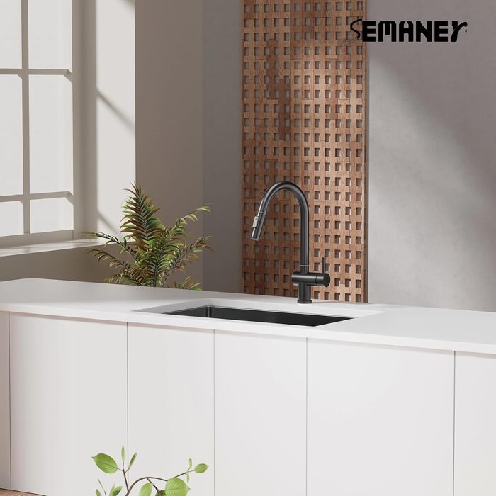 Кран кухонний високого тиску SEMANEY з висувною лійкою, поворотний на 360°, одноручковий, матовий чорний