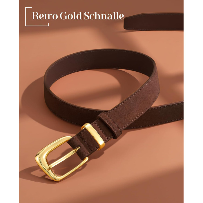 Жіночий шкіряний ремінь VONMELLI вінтажний, регульований ремінь на талію для суконь, джинсів, костюмів з модною золотою пряжкою (кава, 91-101 см)