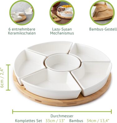 Ceramic Taco Serving Platter - Divided Serving Tray for Taco Tuesday Lazy Susan Taco Bar - Chip and Dip Serving Set for Party - Appetizer Serving Tray for Salsa, Snacks (33 cm)