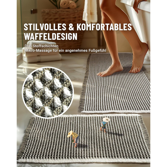 Boho Bathroom Rug Set - Non-Slip Bath Mats 2-Piece Set - Washable Shower Rugs for Bathroom, Bedroom, Living Room - 51x120cm + 41x61cm (Green & White)