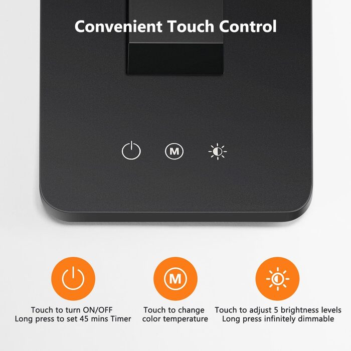 LED лампа настільна для дому та офісу, 15 режимів, денне світло, 1000LM, регулювання яскравості, 3600mAh, чорний колір