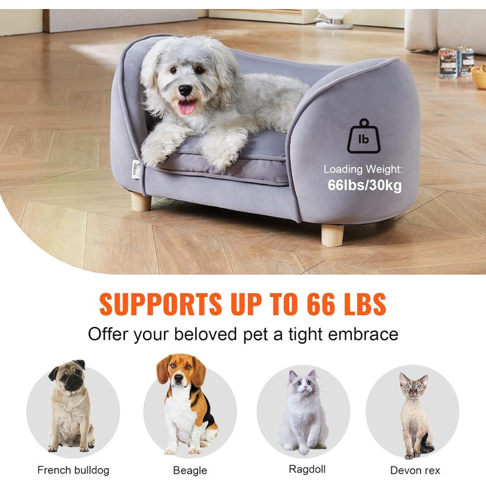 Крісло-лежанка для домашніх тварин VEVOR, лежанка для собак та котів, м'яка велюрова лежанка, витримує до 30 кг, сірий колір, розмір King (британський стандарт)