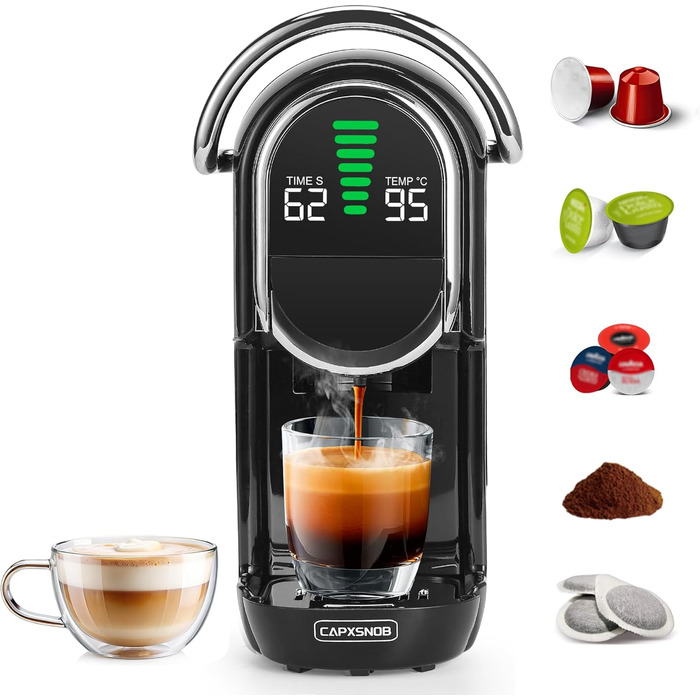 Кавомашина Magician1 Mini Kapselmaschine 5в1 для капсул Nespresso, Dolce Gusto, Lavazza A Modo Mio, ESE 44 та кавової гущі | 20 бар, 1450 Вт, LED-дисплей, 7 рівнів води | Для дому та офісу (Чорний)