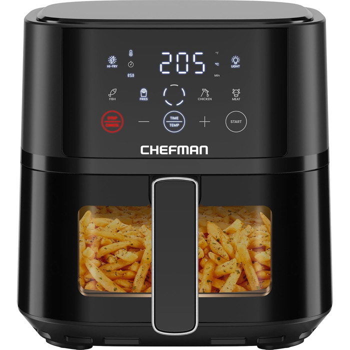 Chefman 3.75L Air Fryer - Compact Hot Air Fryer with Hi-Fry Technology, Window, Touch Controls, Non-Stick Coating, Dishwasher Safe - Black