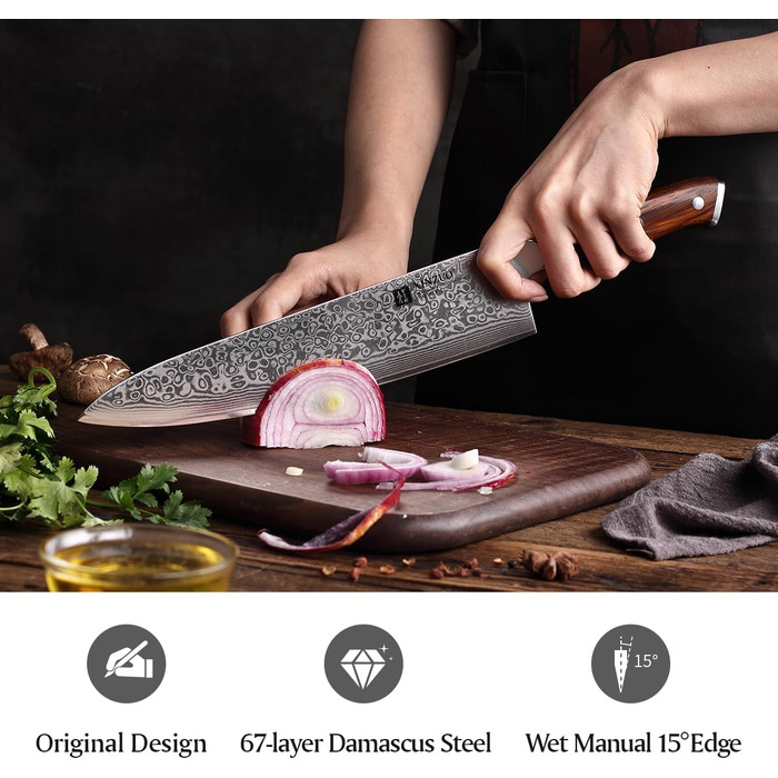 XINZUO 21cm Damascus Chef's Knife - 67 Layer Multipurpose Kitchen Knife for Meat, Fish & Vegetables - Gyuto Professional Hand-Forged Knife with Ergonomic Rosewood Handle