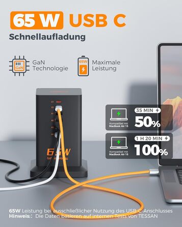 Зарядний пристрій TESSAN 6 в 1 з 6 портами USB, 65W, з кабелем 2м, для телефонів, планшетів та іншого, білий/чорний