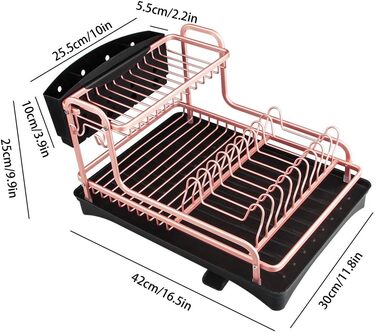 Стійка для сушіння посуду Tomorotec з алюмінію, 2 яруси, з піддоном та тримачем для столових приборів, матовий рожево-золотий