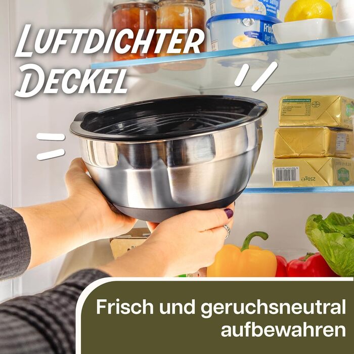 Набір з 3 нержавіючих мисок з кришкою Praknu - великі, з антиковзним покриттям, герметичні, з мірною шкалою, економні