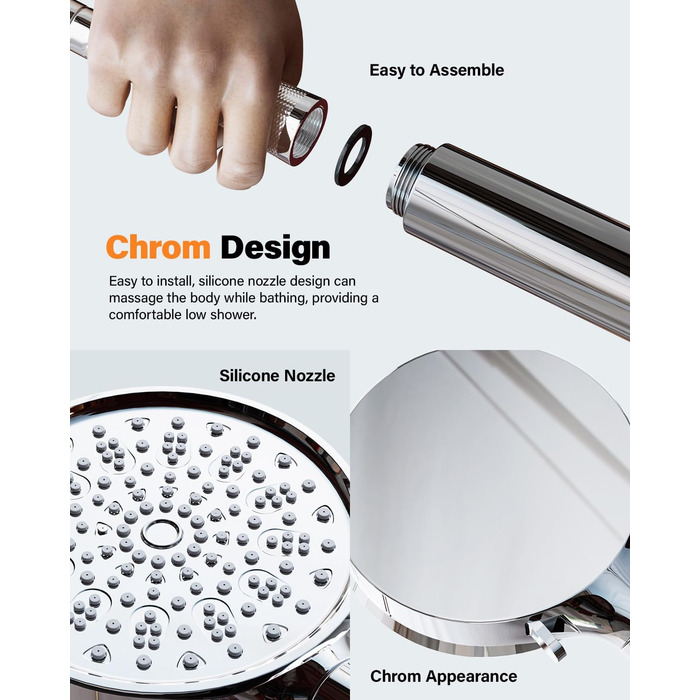 Фільтр для душу Cobbe з шлангом, душова лійка високого тиску з 6 режимами, економна душова лійка з шлангом, ручна лійка з фільтром від накипу для жорсткої води, хлору, чорна (хром63)