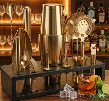 Набір бармена Highball & Chaser з бамбуковою підставкою: шейкер, аксесуари для коктейлів, нержавіюча сталь, античний золотий колір