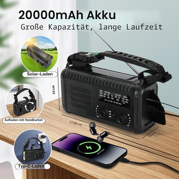 Радіо на сонячних батареях з ручним заводом 20000mAh Notfallradio, AM/FM, ліхтарик, SOS-сигнал, зарядний пристрій для телефону (Чорний)