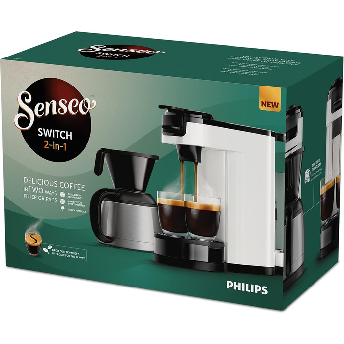 Кавоварка Philips Senseo Switch 2-в-1 для кавових подушечок і меленої кави, 1 л, 7 чашок, біла