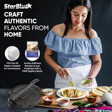StarBlue Cast Iron Tortilla Press - 10 Inch with 100 Oil Sheets & Recipe eBook - Chapati, Roti, Tortilla Maker