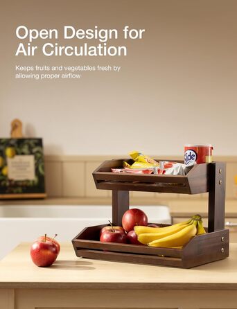 Двоярусна фруктова корзина HOLANA з дерева горіха для кухонного столу - органайзер для фруктів, овочів та закусок