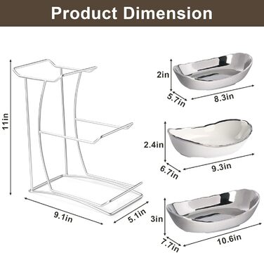 Керамічна фруктова ваза на стільницю, 3-ярусна, з металевим каркасом, для фруктів, овочів та десертів (срібна)