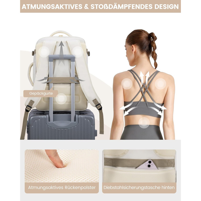 LOVEVOOK Рюкзак для ручної поклажі, 40L, жіночий, для подорожей, великий, водонепроникний, з відділенням для ноутбука 17 дюймів, валіза-рюкзак, для подорожей, роботи, бізнесу, білий, кофейний колір