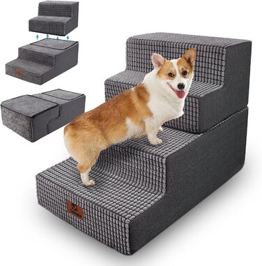 Dog Stairs Large Dogs 4 Steps High, Dog Stairs for Bed Sofa 50cm, Pet Stairs Washable, High-Density Foam, for Injured Older Dogs (45cm Height, Grey)