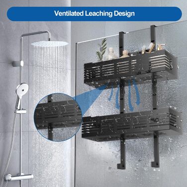 Поличка для душу AIGOCITY без свердління, чорна, для скляних душових кабін, з 3 гачками, регульована висота, для шампуню та гелю для душу